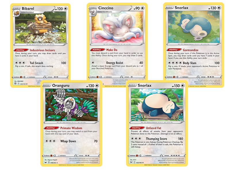 A list of notable Colorless Pokémon, such as Snorlax, Bibarel, and Cinccino.