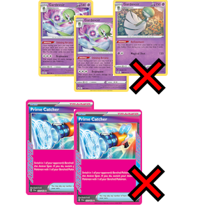 Even if a card has multiple printings, you're limited to two copies of the Pokémon by its species. For example, you can't run 2 Shining Arcana Gardevoir alongside 2 Refinement Gardevoir.